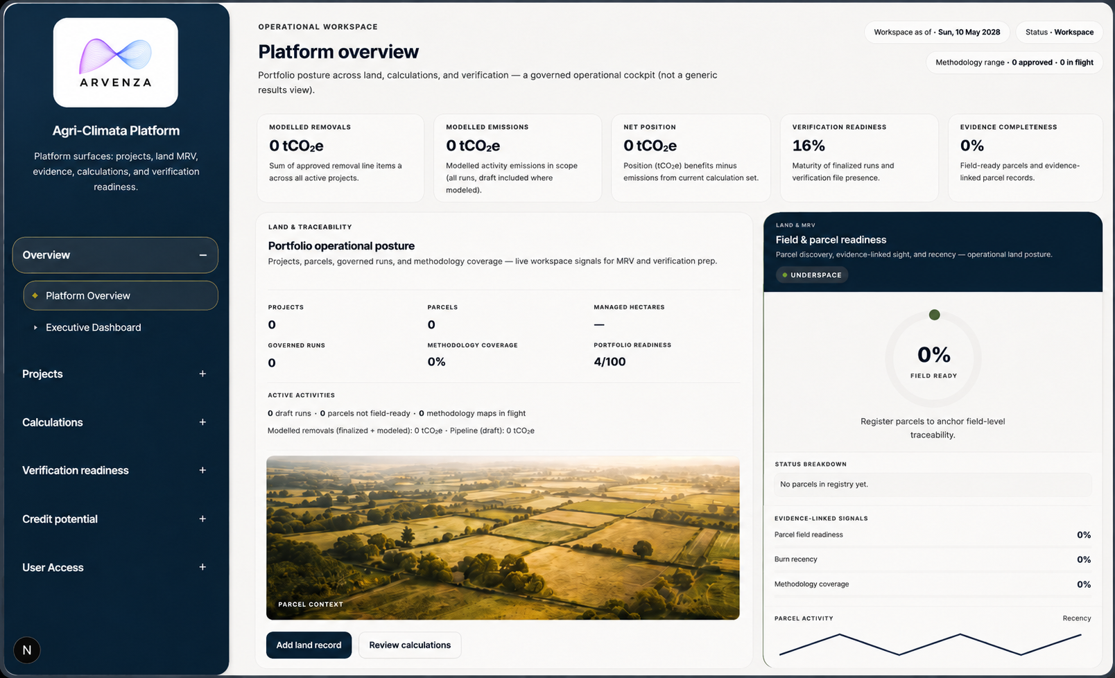 Agri-Climate Platform interface with land records and verification preparation workflow